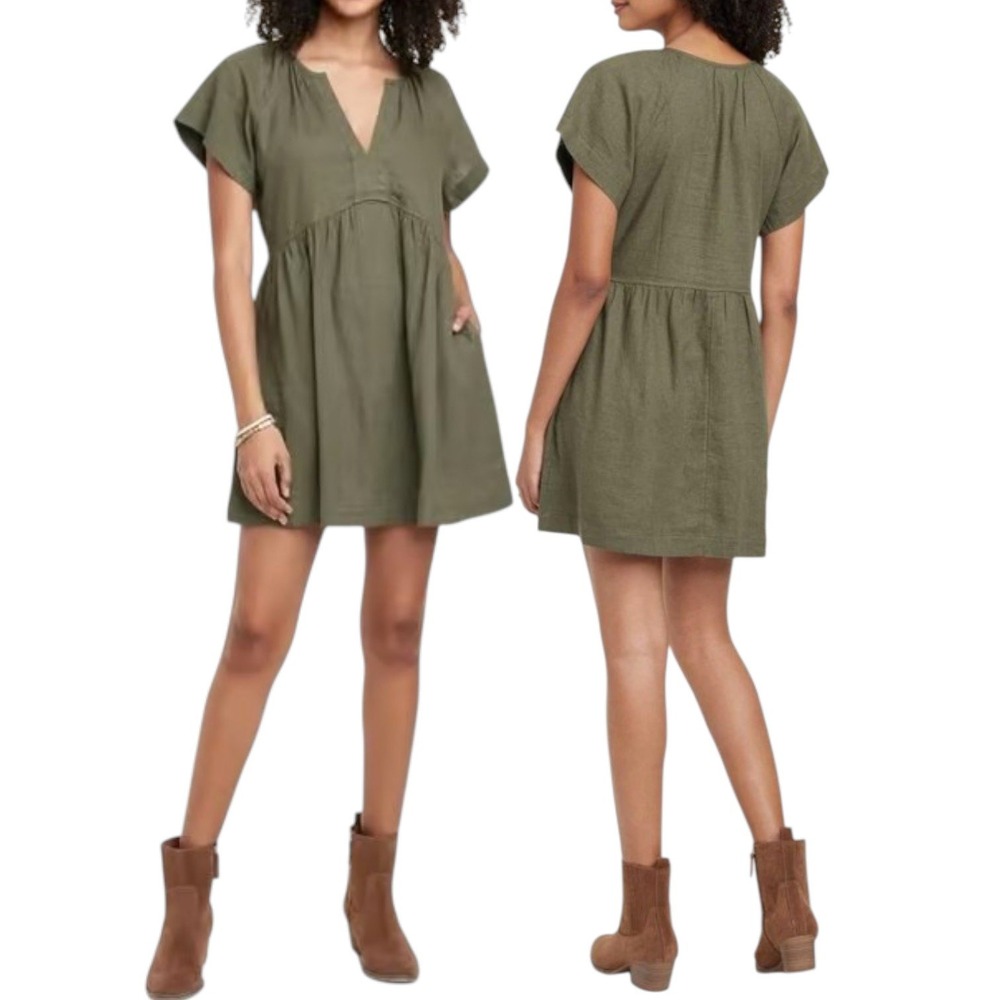 Universal Thread M Linen Babydoll Mini Dress Olive Green Boho Summer Earthcore